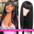 Straight Human Hair Wigs With Bangs 5x5 HD Lace Closure Wigs Human Hair Pre Plucked Glueless Wigs With Natural Scalp For Women