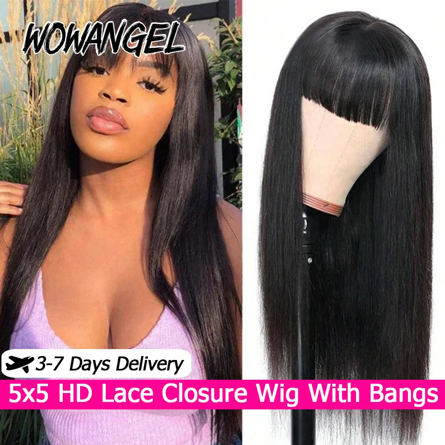 Straight Human Hair Wigs With Bangs 5x5 HD Lace Closure Wigs Human Hair Pre Plucked Glueless Wigs With Natural Scalp For Women