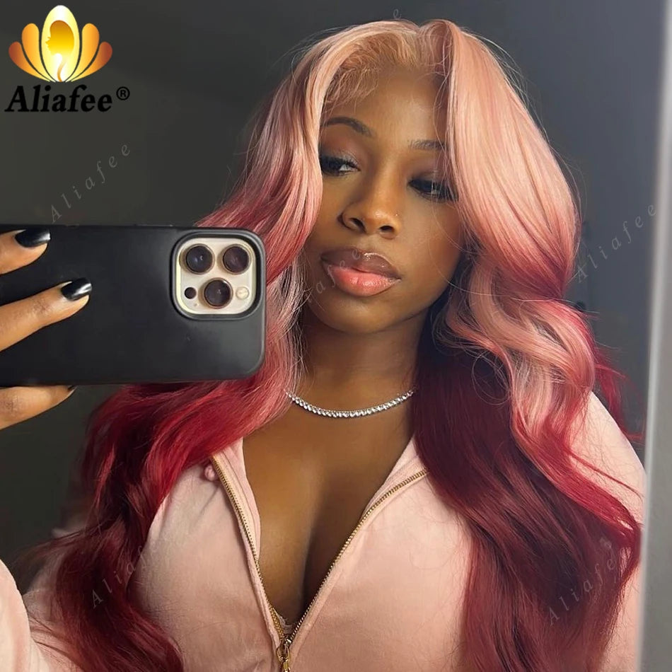 Pink Ombre Red Lace Front Wig Human Hair 13X4 Body Wave Wig HD Transparent Lace Body Wave Wig Colored Virgin Hair Wigs For Women