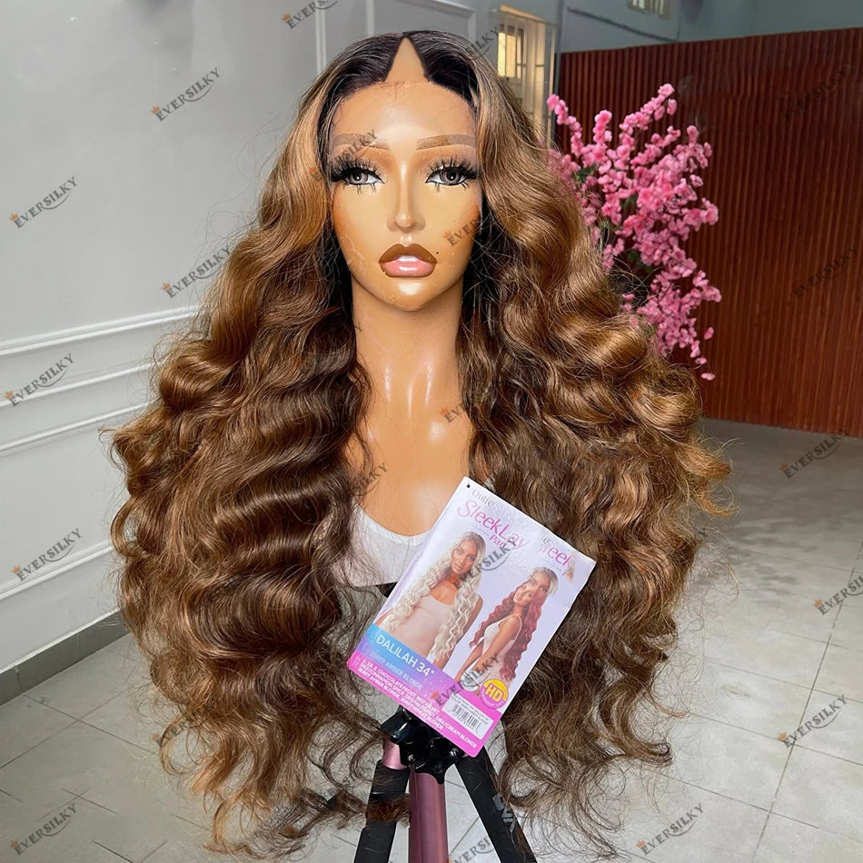 Honey Blonde Deep Wave Ombre Balayage Human Hair U Part Wig for Black Women Easy Wear V Part Wig with Clips&Combs Women Wigs