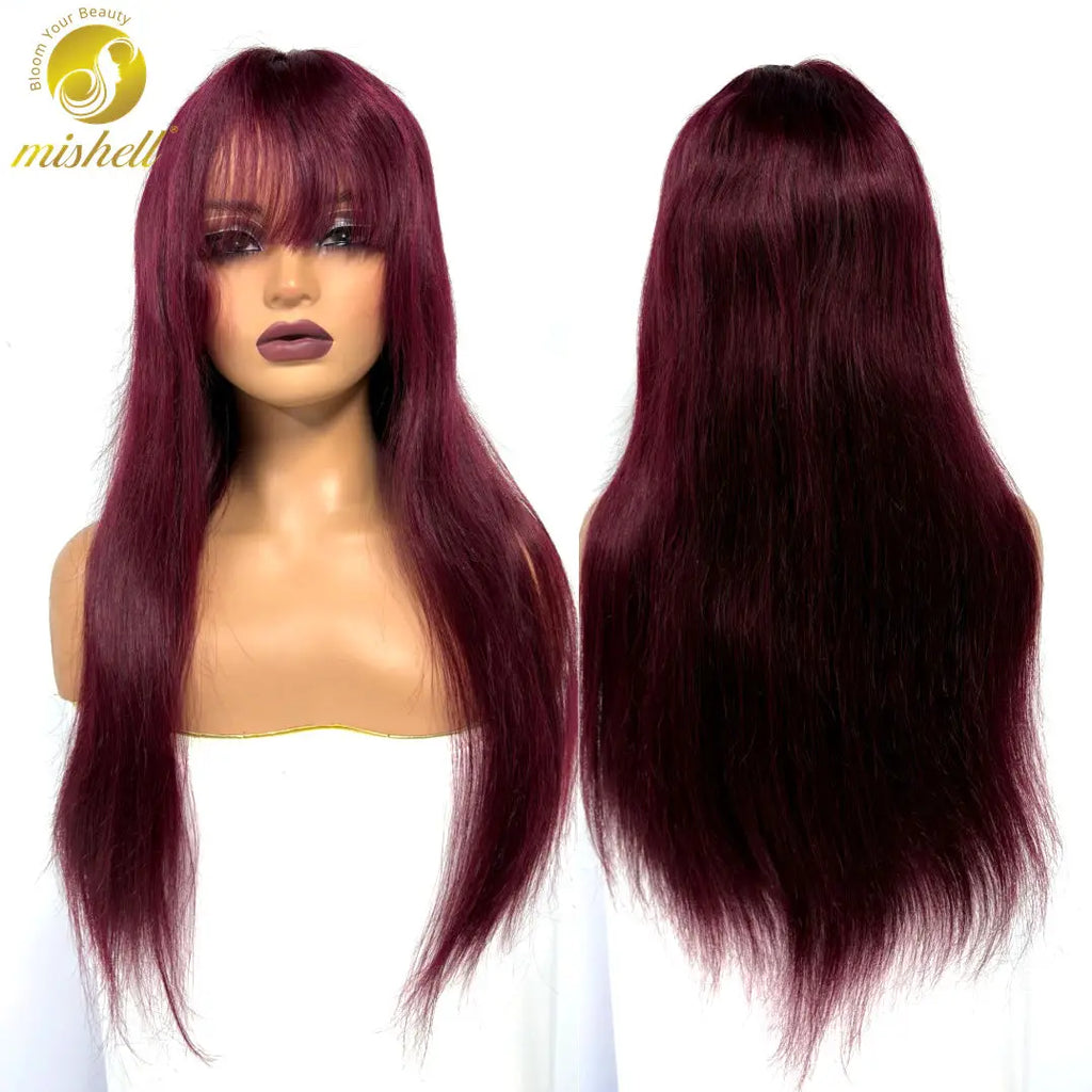 Burgundy 99J#Straight Human Hair Wig With Bangs Fringe 2x3 Transparent Lace Closure Bone Straight Remy Hair Wig for Black Women