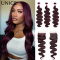 UNice Hair Black Cherry Body Wave Human Hair Bundles 2/3/4 PCS With 1PC Free Part 4x4 Inch Lace Closure