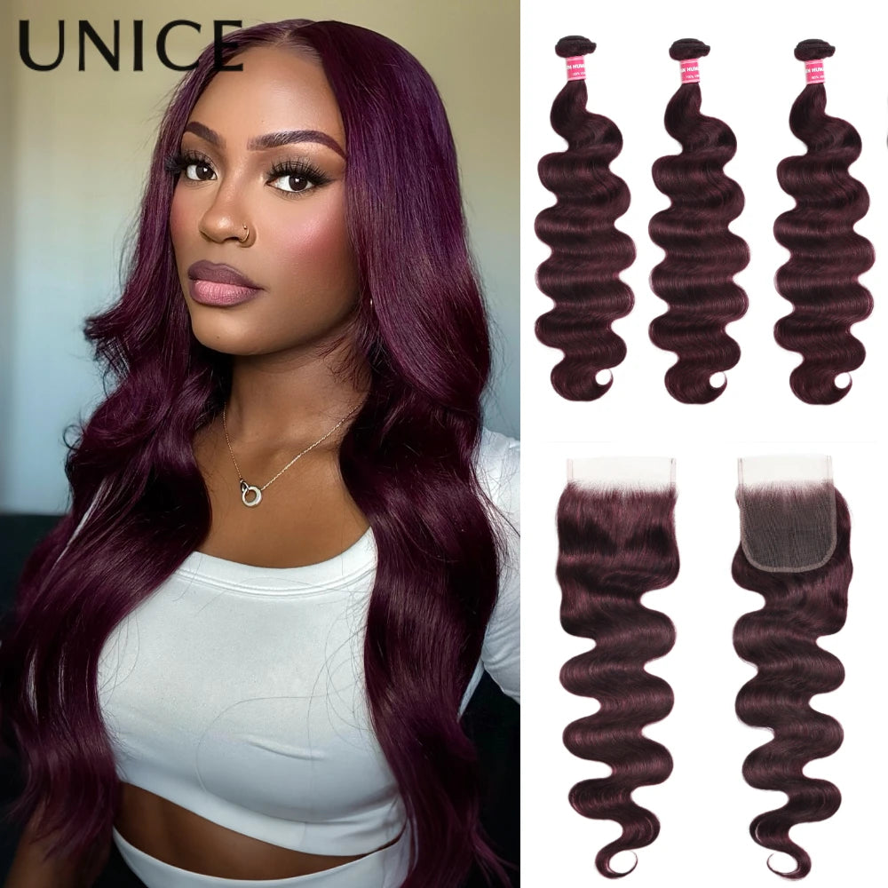 UNice Hair Black Cherry Body Wave Human Hair Bundles 2/3/4 PCS With 1PC Free Part 4x4 Inch Lace Closure