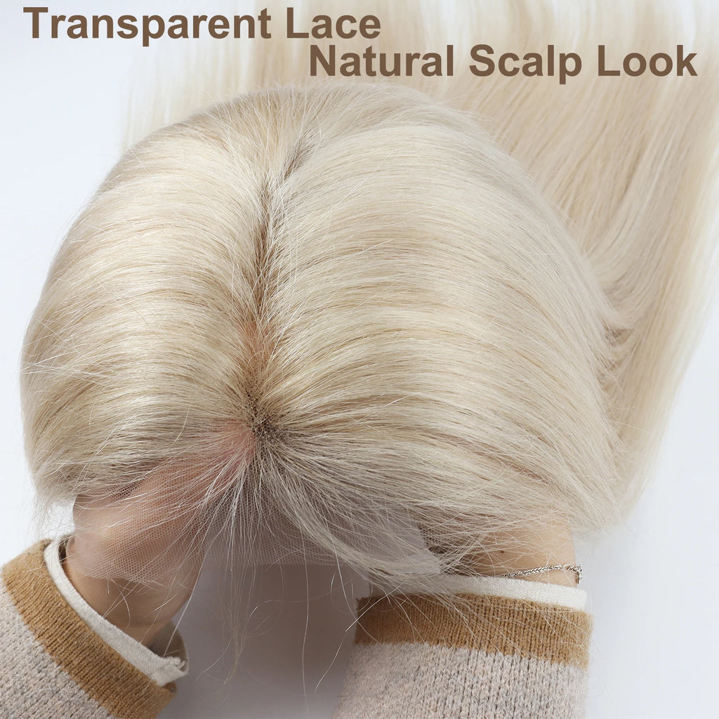#60 Platinum Blonde Full Lace Wig 20inch Straight Remy Human Hair Wig Invisible Lace Bleached Knots Pre Plucked For Women