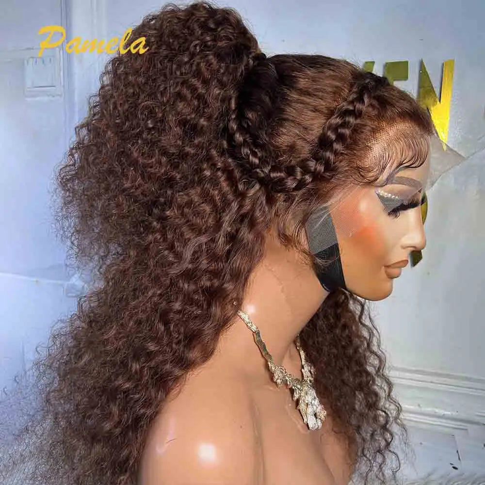 Hidden Strap Burmese Curly Chocolate 360 Lace Front Glueless Wigs Ready To Go PrePlucked Bleached Human Hair Wig With Drawstring