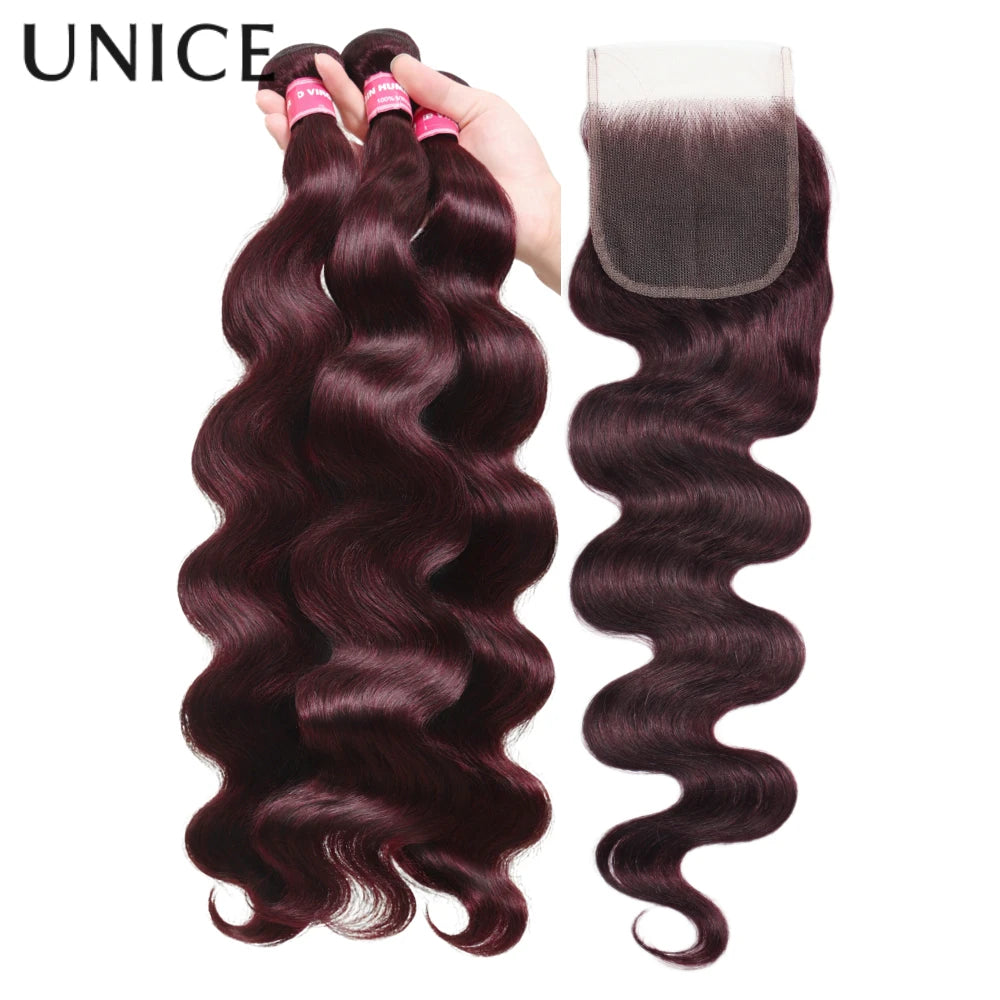 UNice Black Cherry Body Wave Bundles 2/3/4 PCS With 1PC 4x4 Inch Lace Closure Pre Colored 100% Human Hair Bundles With Closure