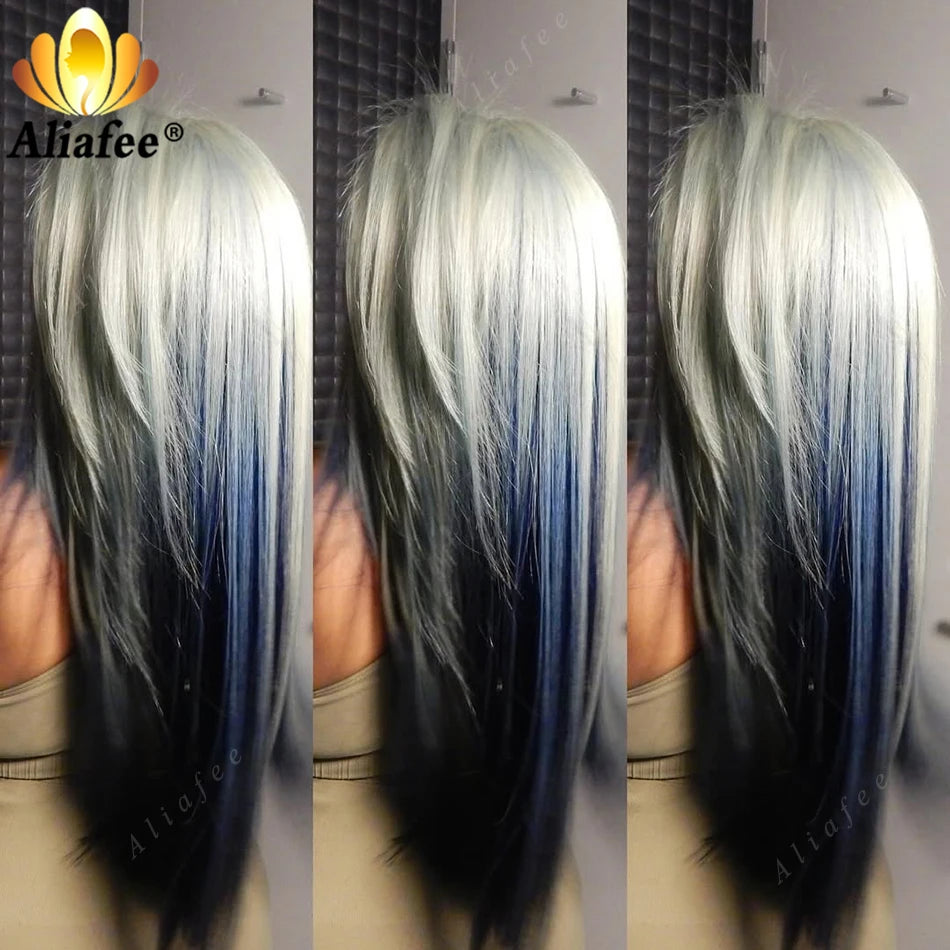 Gray with Dark Blue Straight 180% Density 13x6 Lace Frontal Wigs Human Hair for Women Ombre Colored 13x4 Straight Lace Front Wig
