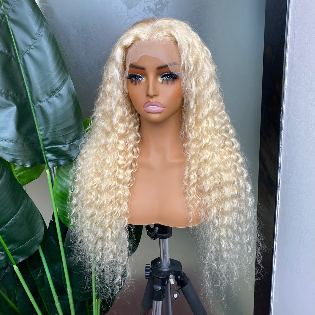 613 Blonde Color Deep Wave 13x4 Transparent Lace Frontal Wig Human Hair with Natural Hairline