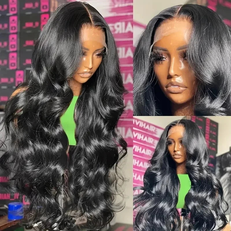 Natural Black 13x4 HD Transparent Lace Front Wig Brazilian Human Hair Wigs Pre-Plucked Body Wave 180% Density Lace Frontal Wig
