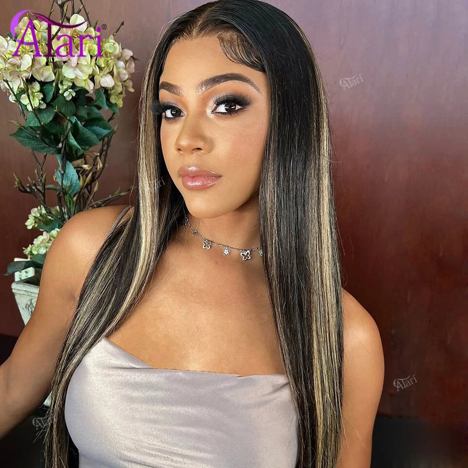 180 Density Stripe 1B 27 Straight Human Hair Wigs Transparent 13x4 13x6 Highlight Ash Blonde Lace Frontal Remy Wig Pre Plucked