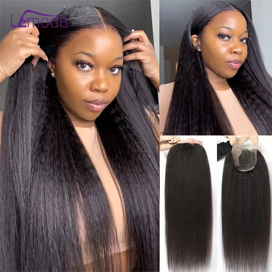 13x6 Full Frontal Human Hair Wig Kinky Straight Wig Transparent Lace PrePlucked Full 13x6 Lace 12A Virgin Human Hair Wigs Lemoda