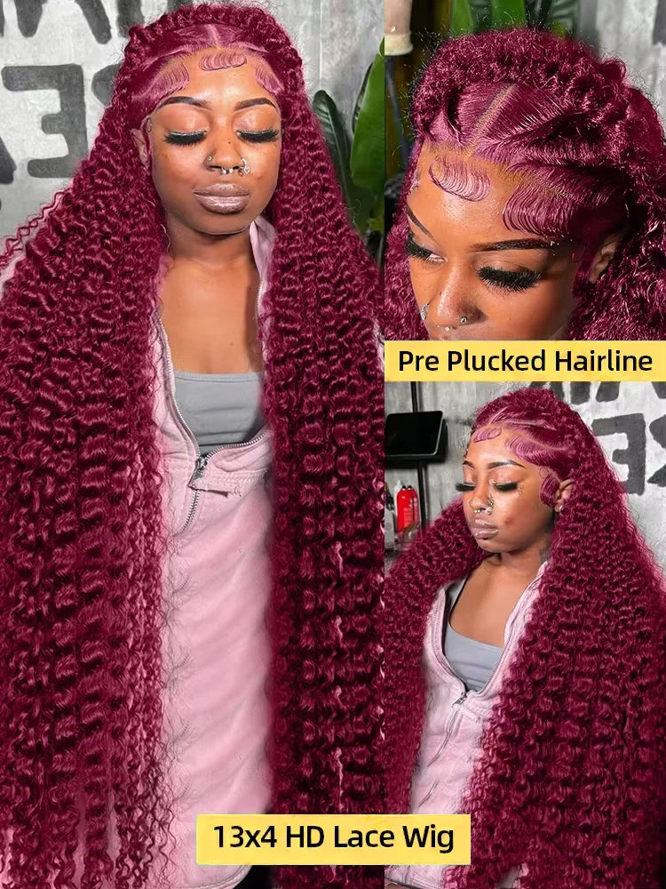 250% Density 99J 13x4 HD Lace Front Human Hair Wigs Burgundy 30 Inch Deep Wave Peruvian Curly Glueless Lace Frontal Closure Wigs