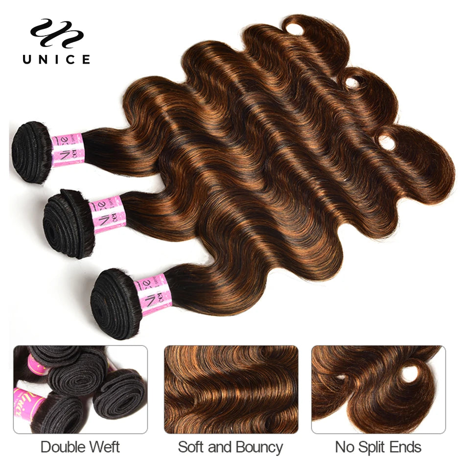 UNICE Hair Brown Balayage Body Wave Human Hair Bundles with Closure Free Part Transparent 4X4 Lace Closure And 2/3/4 PCS Bundles