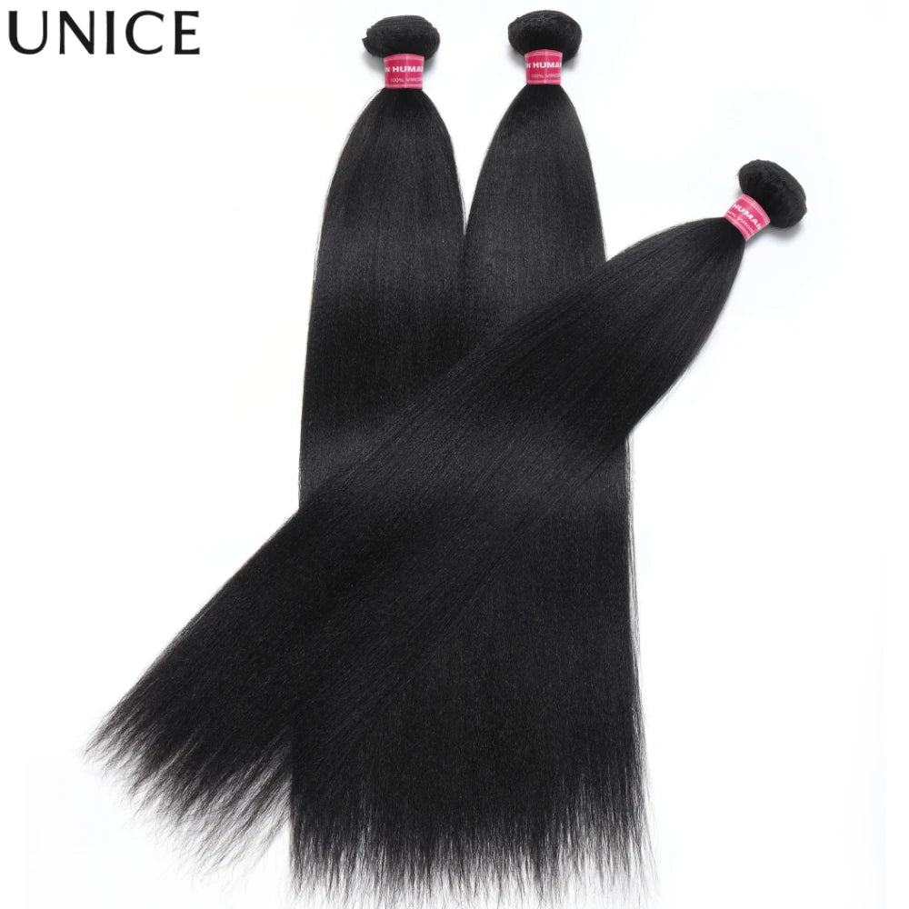 UNice Hair Yaki Straight  Human Hair Bundles 2/3/4 PCS With 1PC Free Part 4x4 Inch Lace Closure