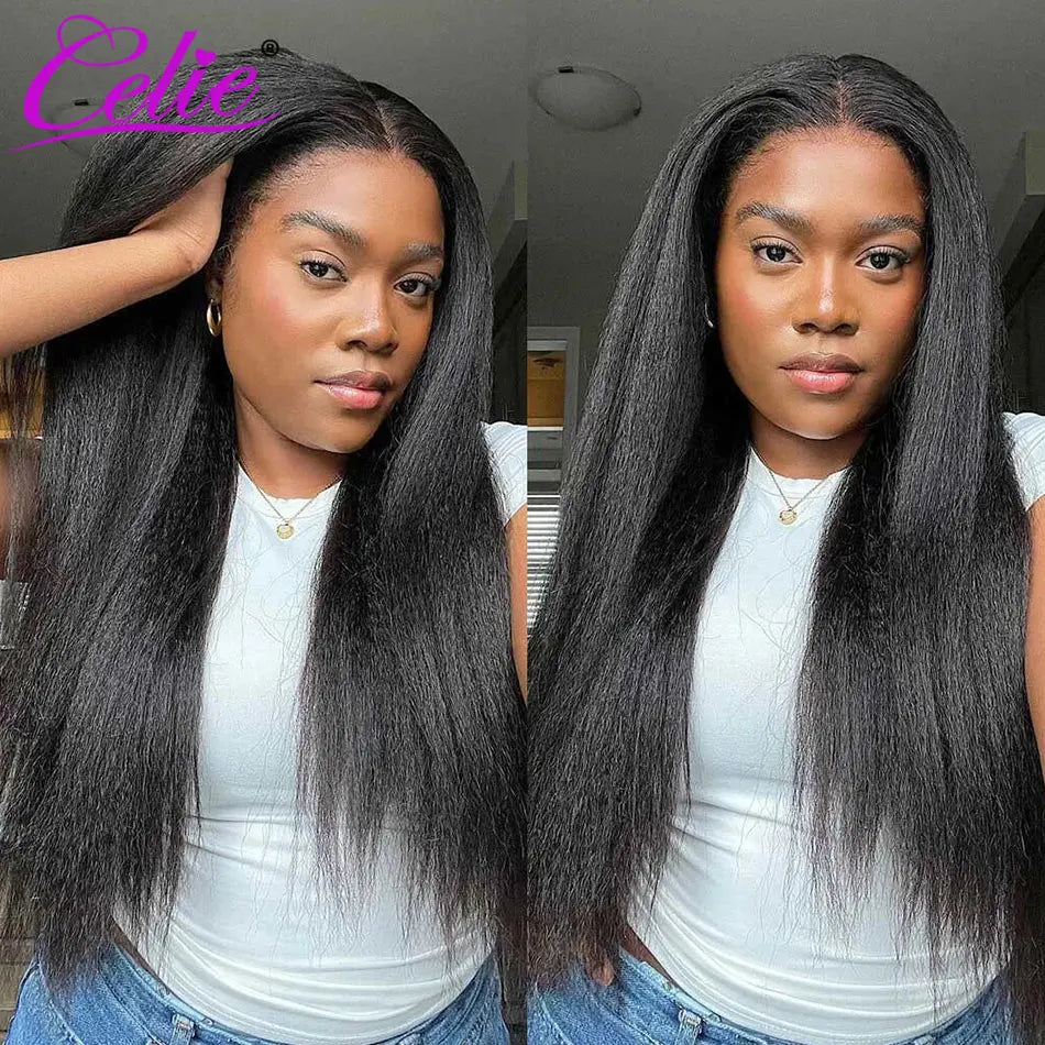 Celie Pre-bleached Knots Kinky Straight HD Lace Closure Wig 6×5 Pre-cut Lace Glueless Wig Wear & Go Pre Plucked Human Hair Wigs