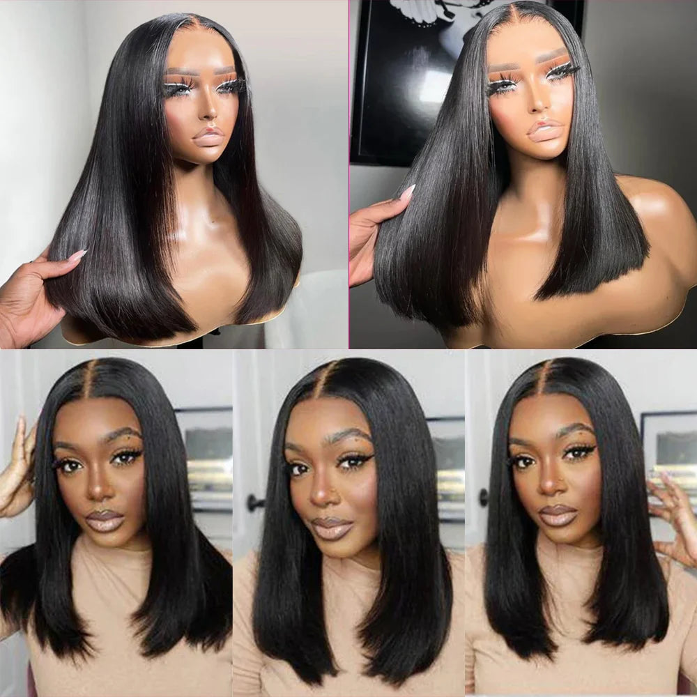 Straight Glueless Wig Human Hair Ready To Wear Short Bob Wigs For Women Transparent Pre Cut Human Hair Wigs Bleached Bye Bye Knots Natural Hairline 100% Human Hair Wigs For Women No Glue Cheap Wigs On Clearance Alianna 4x4 La