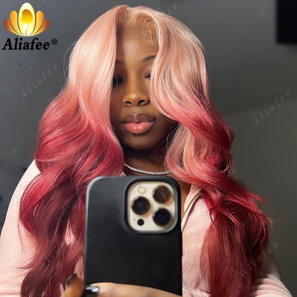 Pink Ombre Red Lace Front Wig Human Hair 13X4 Body Wave Wig HD Transparent Lace Body Wave Wig Colored Virgin Hair Wigs For Women