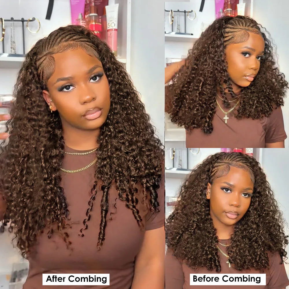 Burmese Curly Half Wig With Drawstring Chocolate Brown Vietnamese Glueless Raw Human Hair Wig Seamless Clip 3 IN 1 Half Wig