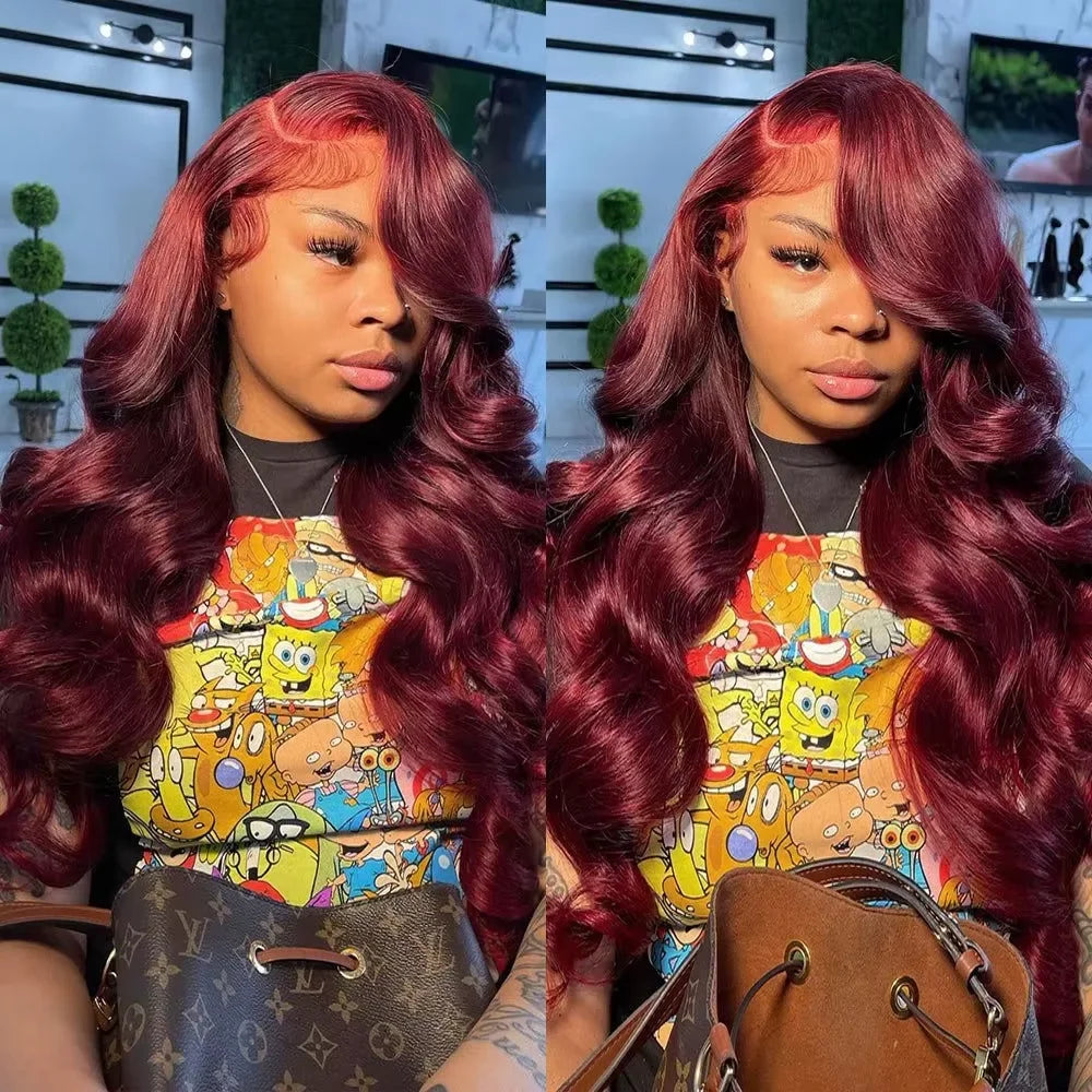 250%Density Body Wave 99j Burgundy Red Wig Human Hair 13x4 13x6 HD Lace Frontal Wig Human Hair Pre Plucked Remy Real Human Hair