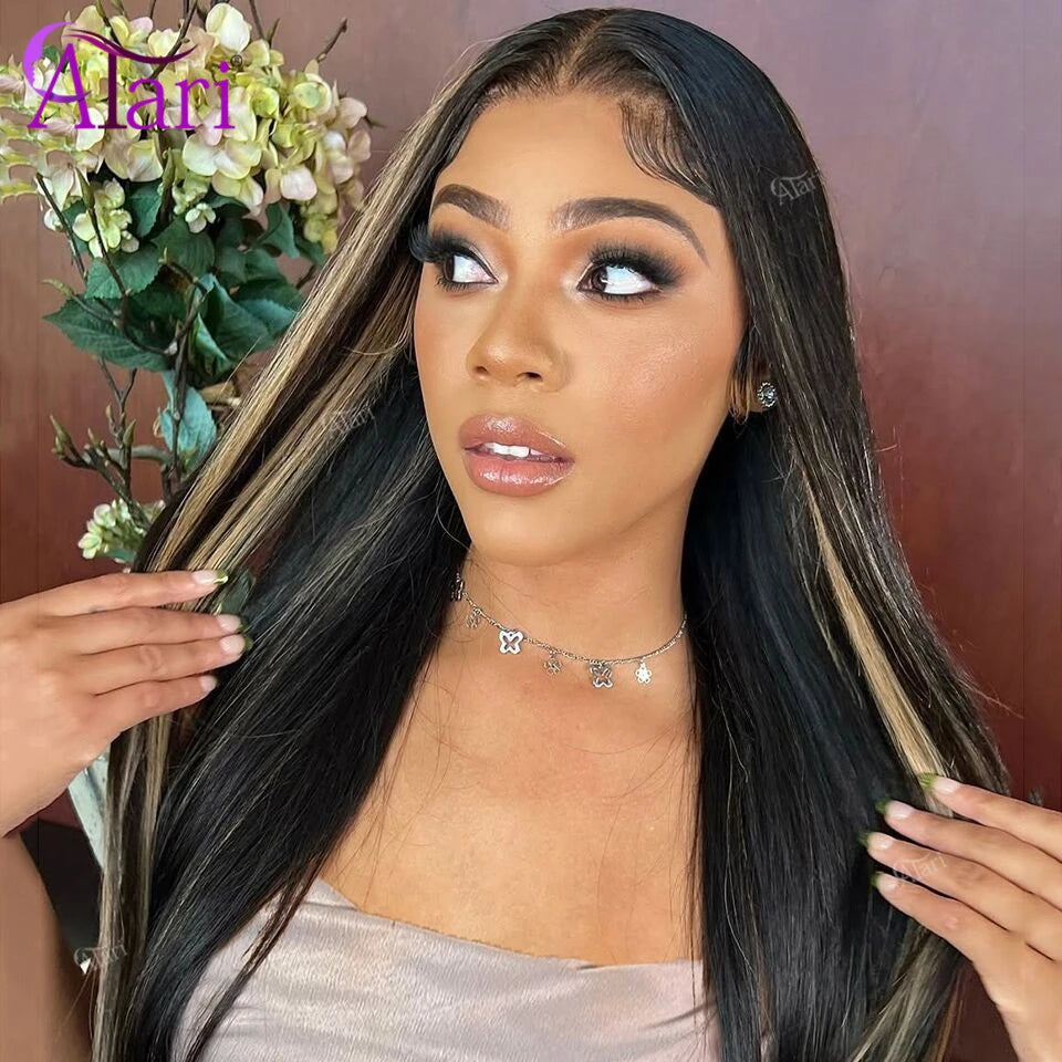 180 Density Stripe 1B 27 Straight Human Hair Wigs Transparent 13x4 13x6 Highlight Ash Blonde Lace Frontal Remy Wig Pre Plucked