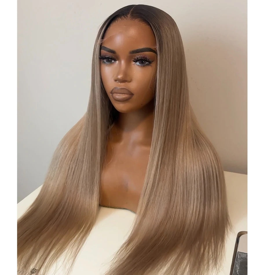 Premium Professional Toned Dark Roots Ash Blonde Mixed Dirty Blonde 13x6 HD Lace Front Human Hair Wigs Colored Lace Frontal Wigs