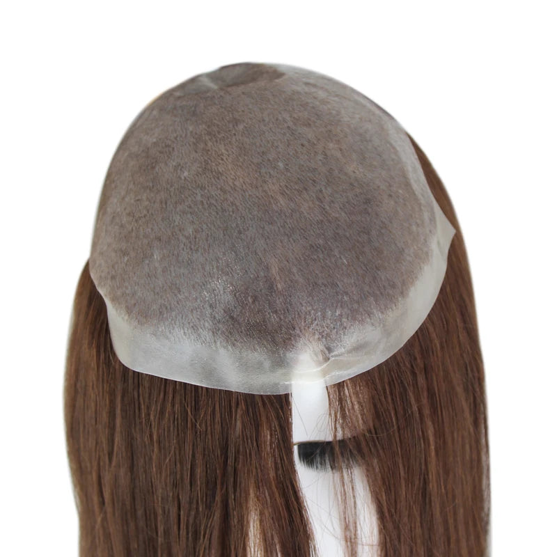 Women Toupee Full PU V Loop Injection Human Hair Wigs Indian Hair Extension Hairpiece System Brown Hair Topper Natural Color 613