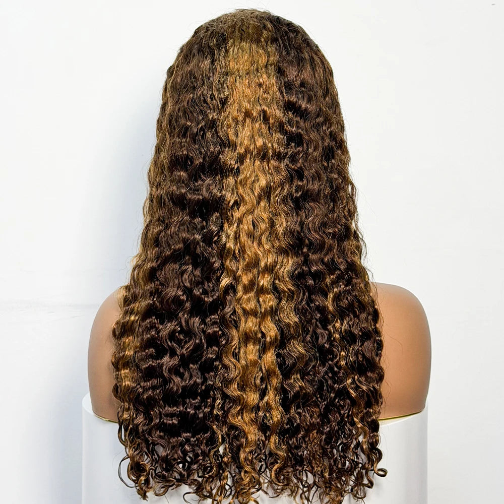Water Wave Curly Human Hair Wigs 300% Density 13X4 Transparent Lace Frontal Wig 22Inch Natural Highlight Color for Black Women