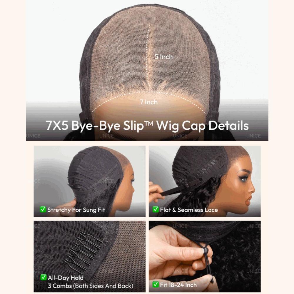 UNice 7x5 Bye Bye Slip™ Glueless Lace Chestnut Brown OmbBurmese Curly Human Hair Wigs With Finger Coil Ends & Drawstring