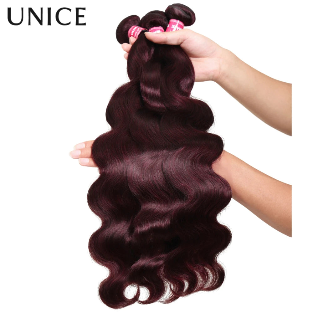 UNICE Hair Black Cherry Body Wave Human Hair 2/3/4 Bundles With 4x4 Lace Closure