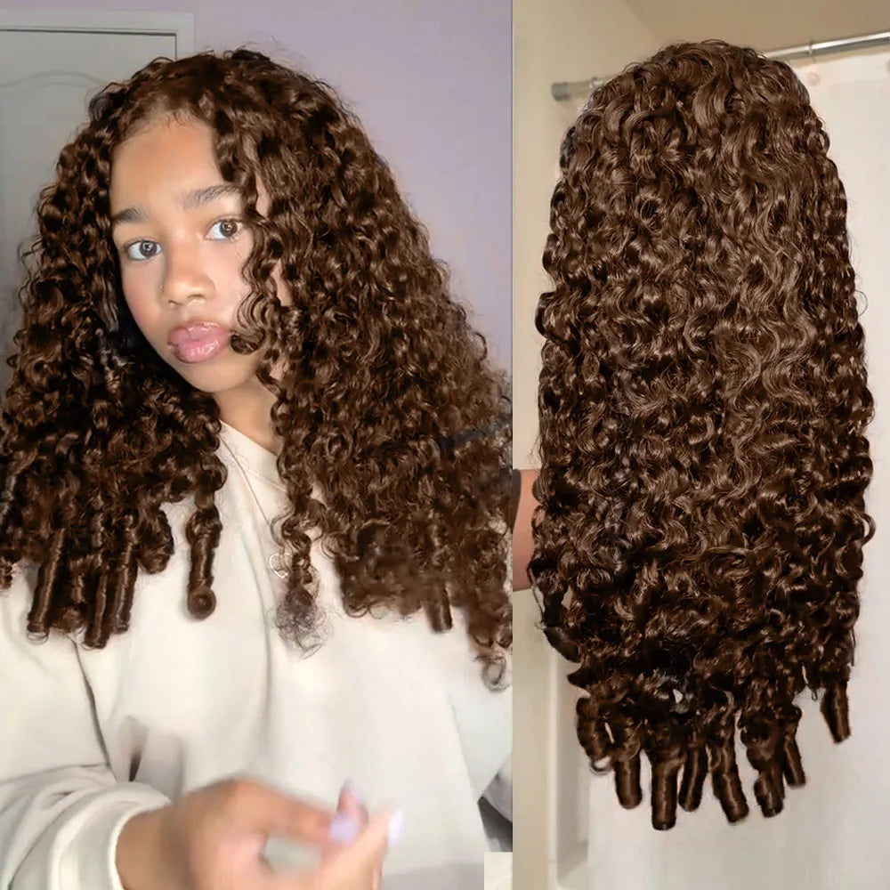 Burmese Curly Half Wig With Drawstring Chocolate Brown Vietnamese Glueless Raw Human Hair Wig Seamless Clip 3 IN 1 Half Wig