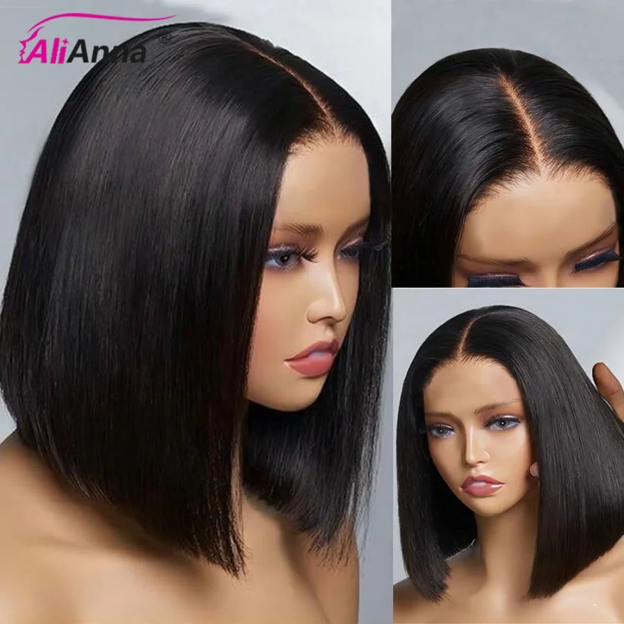 Straight Glueless Wig Human Hair Ready To Wear Short Bob Wigs For Women Transparent Pre Cut Human Hair Wigs Bleached Bye Bye Knots Natural Hairline 100% Human Hair Wigs For Women No Glue Cheap Wigs On Clearance Alianna 4x4 La