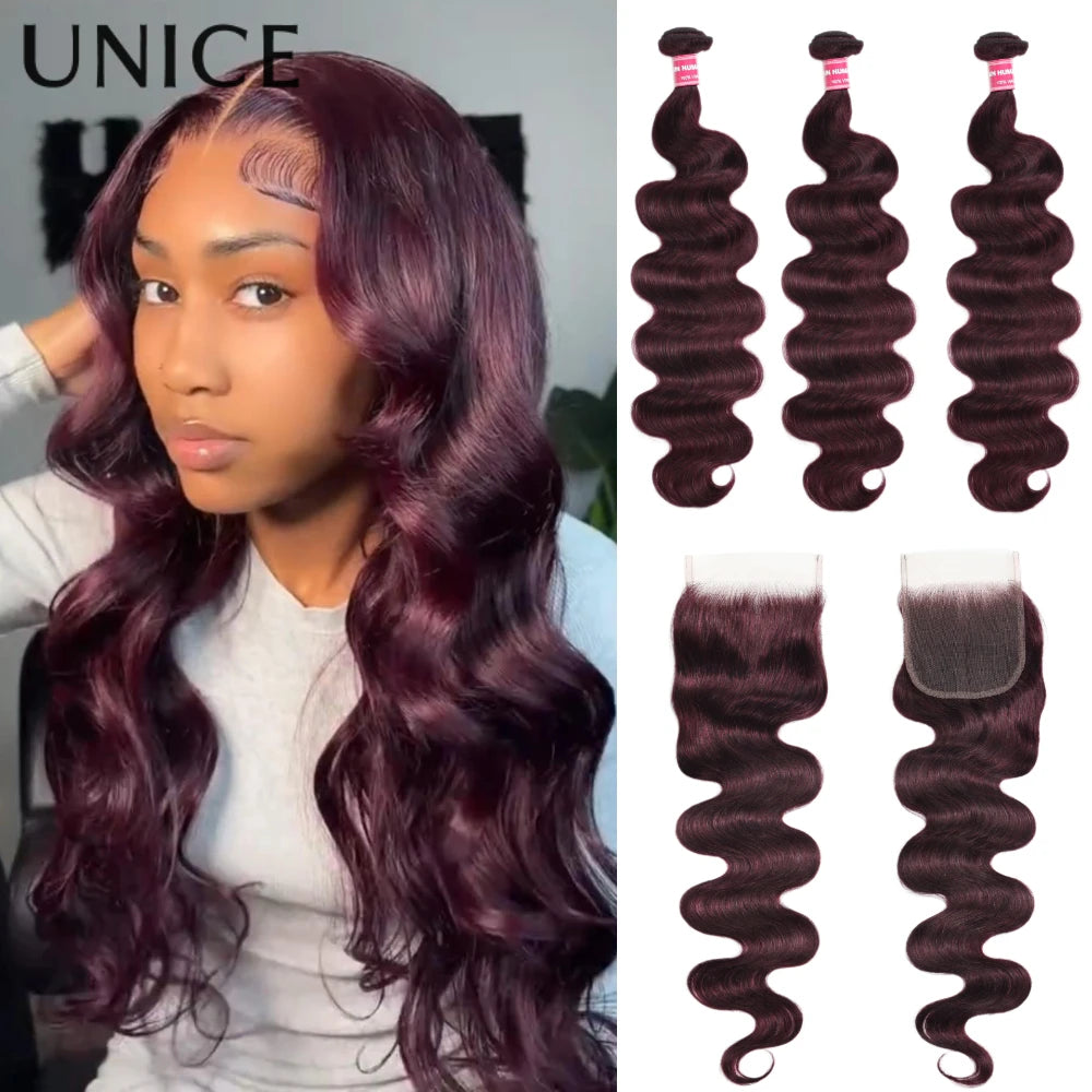 UNice Black Cherry Body Wave Bundles 2/3/4 PCS With 1PC 4x4 Inch Lace Closure Pre Colored 100% Human Hair Bundles With Closure