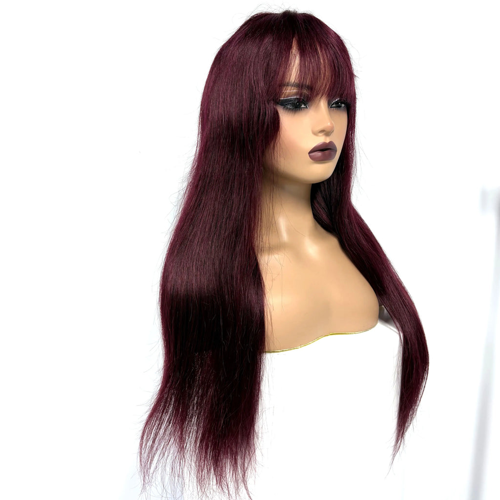 Burgundy 99J#Straight Human Hair Wig With Bangs Fringe 2x3 Transparent Lace Closure Bone Straight Remy Hair Wig for Black Women