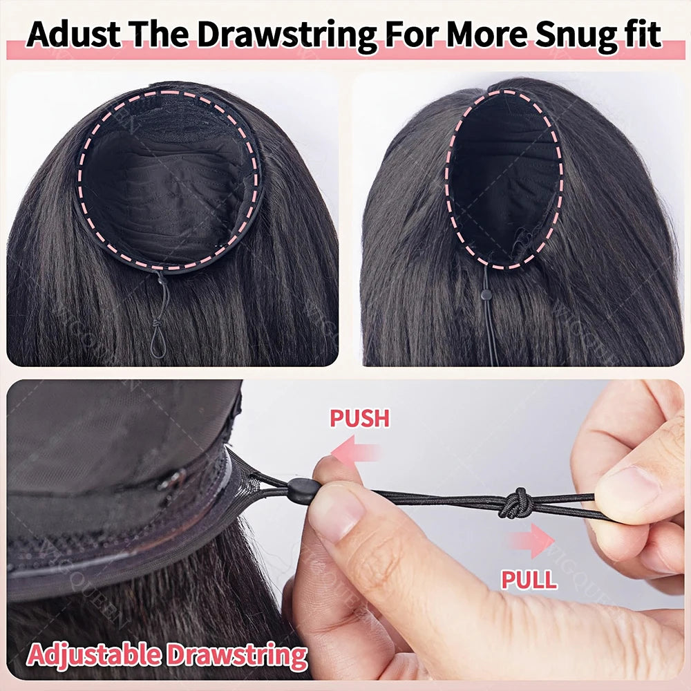 Kinky Straight Glueless Wigs Adjustable Drawstring 3 IN 1 Half Wigs Human Hair 250% Snug Fit No Leave Out Clip-in Yaki Wave Wigs