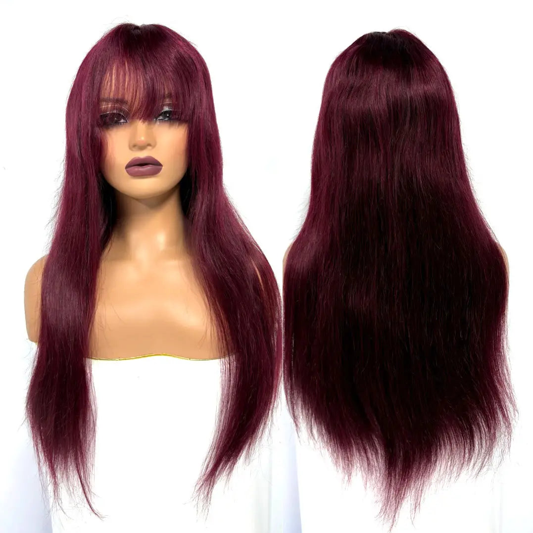 Burgundy 99J#Straight Human Hair Wig With Bangs Fringe 2x3 Transparent Lace Closure Bone Straight Remy Hair Wig for Black Women