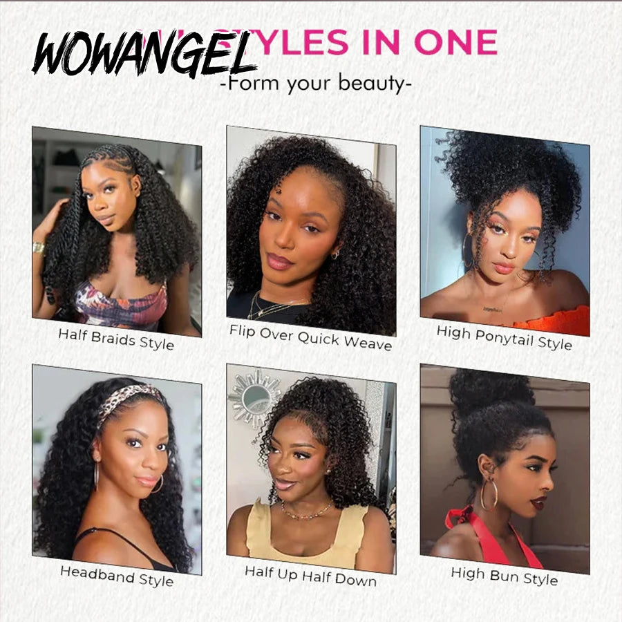 Burmese Curly Half Wigs Human Hair Wear Go Glueless Wig 3 IN 1 Half Wig With Invisible Drawstring Full Curly Head Band Wigs