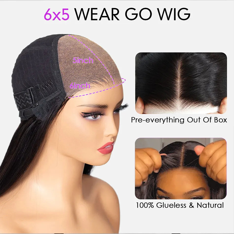 CELIE 6x5 Wear&Go Glueless Deep Wave Wig Pre-cut HD Lace Closure Wig 180 250 Density Pre Bleached&Plucked Human Hair Wigs