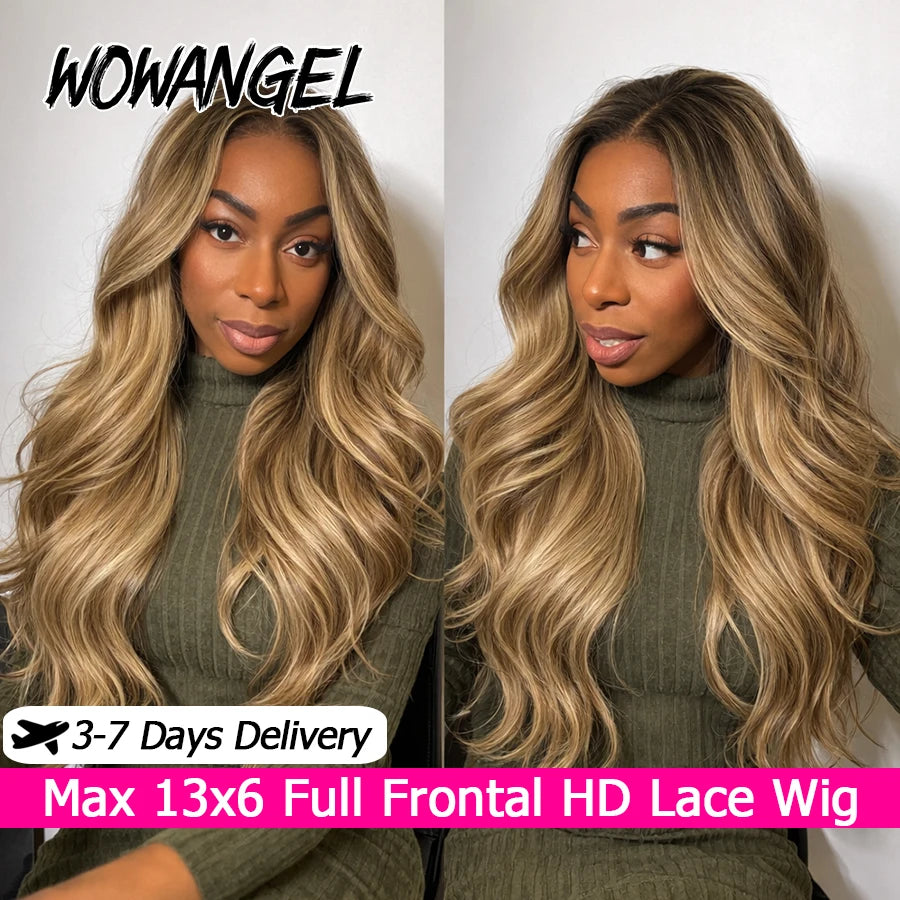 WOWANGEL Honey Blonde Balayage Body Wave Lace Front Wigs Dark Root Ombre Human Hair Wigs 13x6 HD Lace Glueless Wigs Pre Plucked