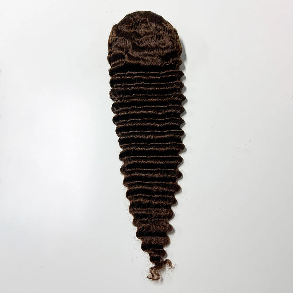 250% Density Deep Wave Curly Human Hair Wig Chocolate Brown 13x4 Transparent Lace Frontal 100% Human Hair Wig For Black Women