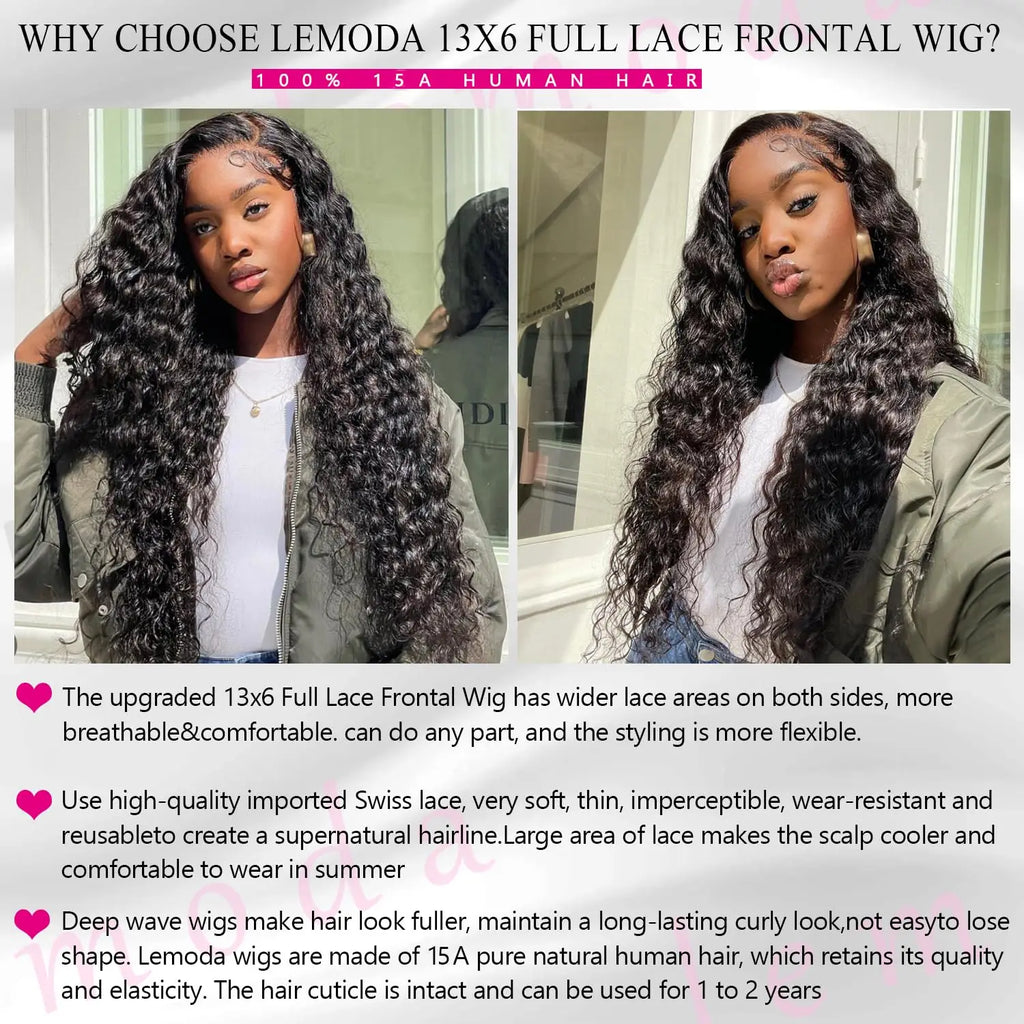 Lemoda 30 Inch 13x6 Full Lace Frontal Wigs 200% Density 15A Deep Wave Wigs Human Hair HD Lace Frontal Wigs Pre Plucked Wig