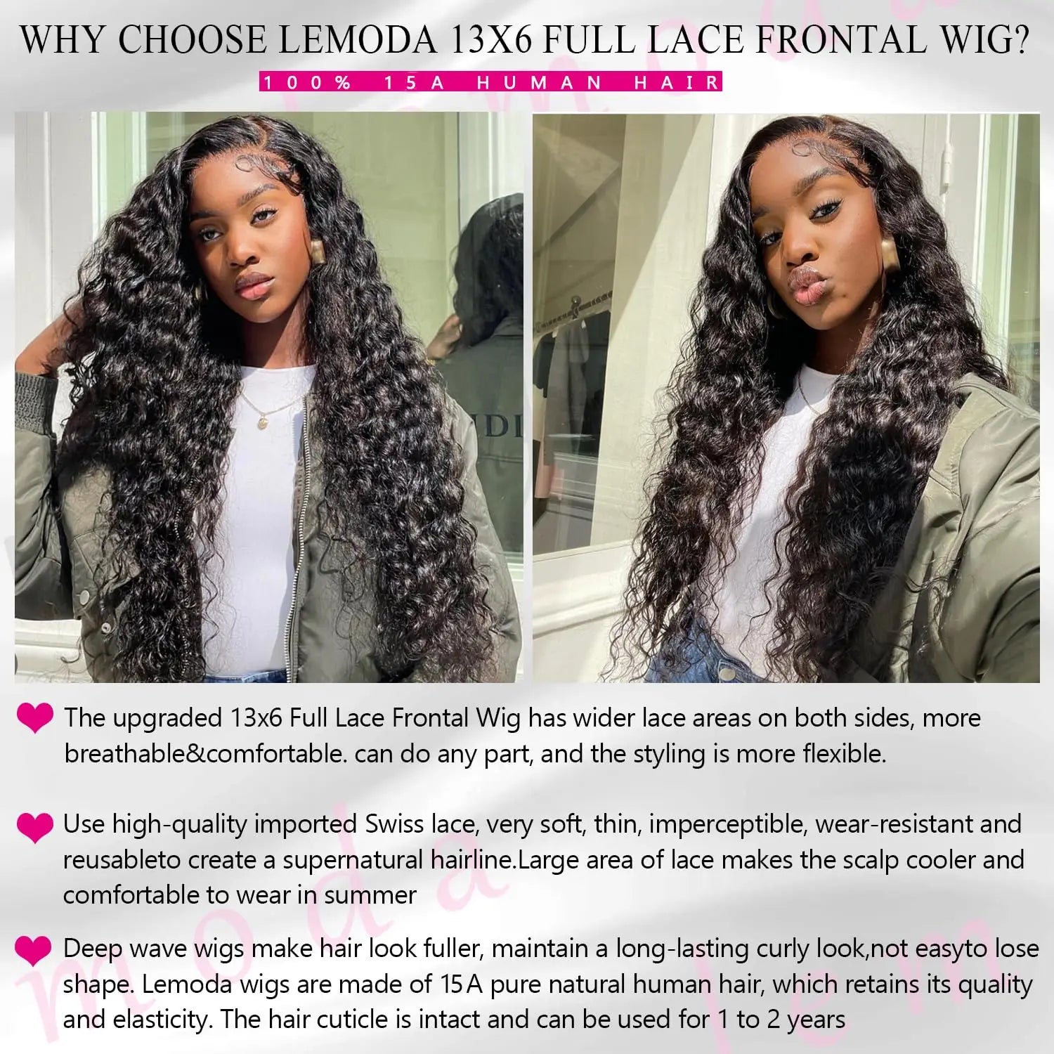 Lemoda 30 Inch 13x6 Full Lace Frontal Wigs 200% Density 15A Deep Wave Wigs Human Hair HD Lace Frontal Wigs Pre Plucked Wig