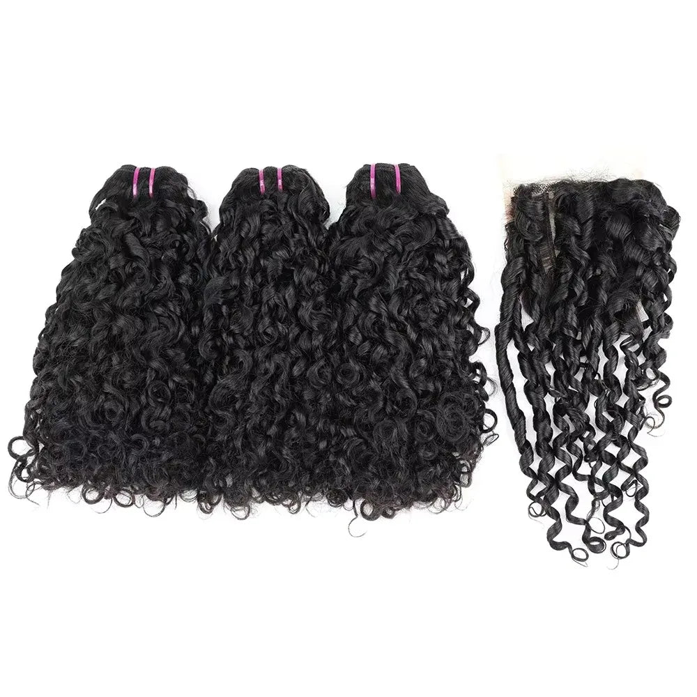 Pixie Curl Hair Bundles with Closure Deep Curly Hair Brazilian Raw Hair Weaving 8-20 Inch Human Hair Loose Deep Wave Extensions
