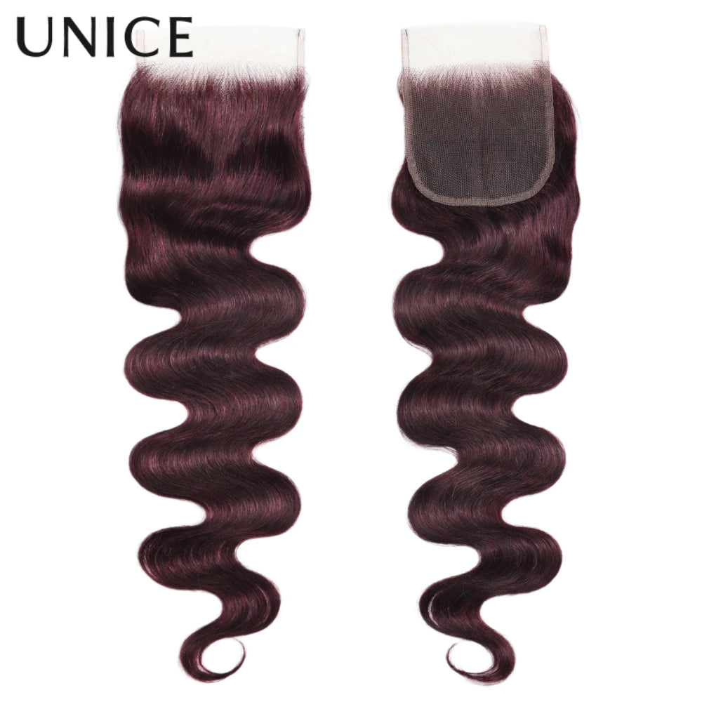 UNice Black Cherry Body Wave Bundles 2/3/4 PCS With 1PC 4x4 Inch Lace Closure Pre Colored 100% Human Hair Bundles With Closure