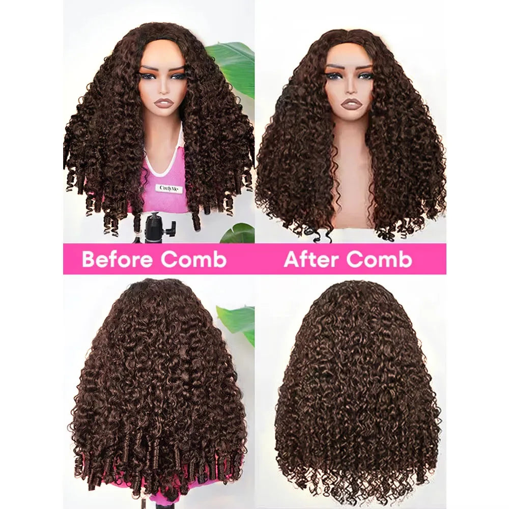 Burmese Curly Half Wig With Drawstring Chocolate Brown Vietnamese Glueless Raw Human Hair Wig Seamless Clip 3 IN 1 Half Wig