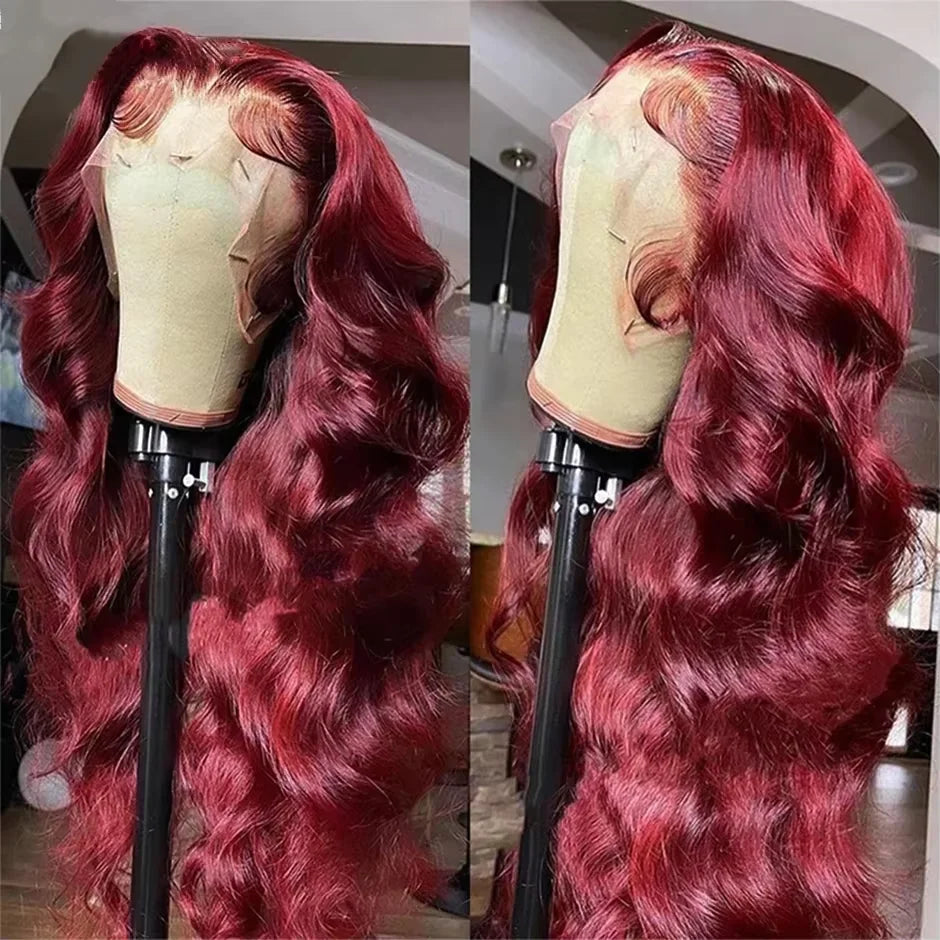 250%Density Body Wave 99j Burgundy Red Wig Human Hair 13x4 13x6 HD Lace Frontal Wig Human Hair Pre Plucked Remy Real Human Hair