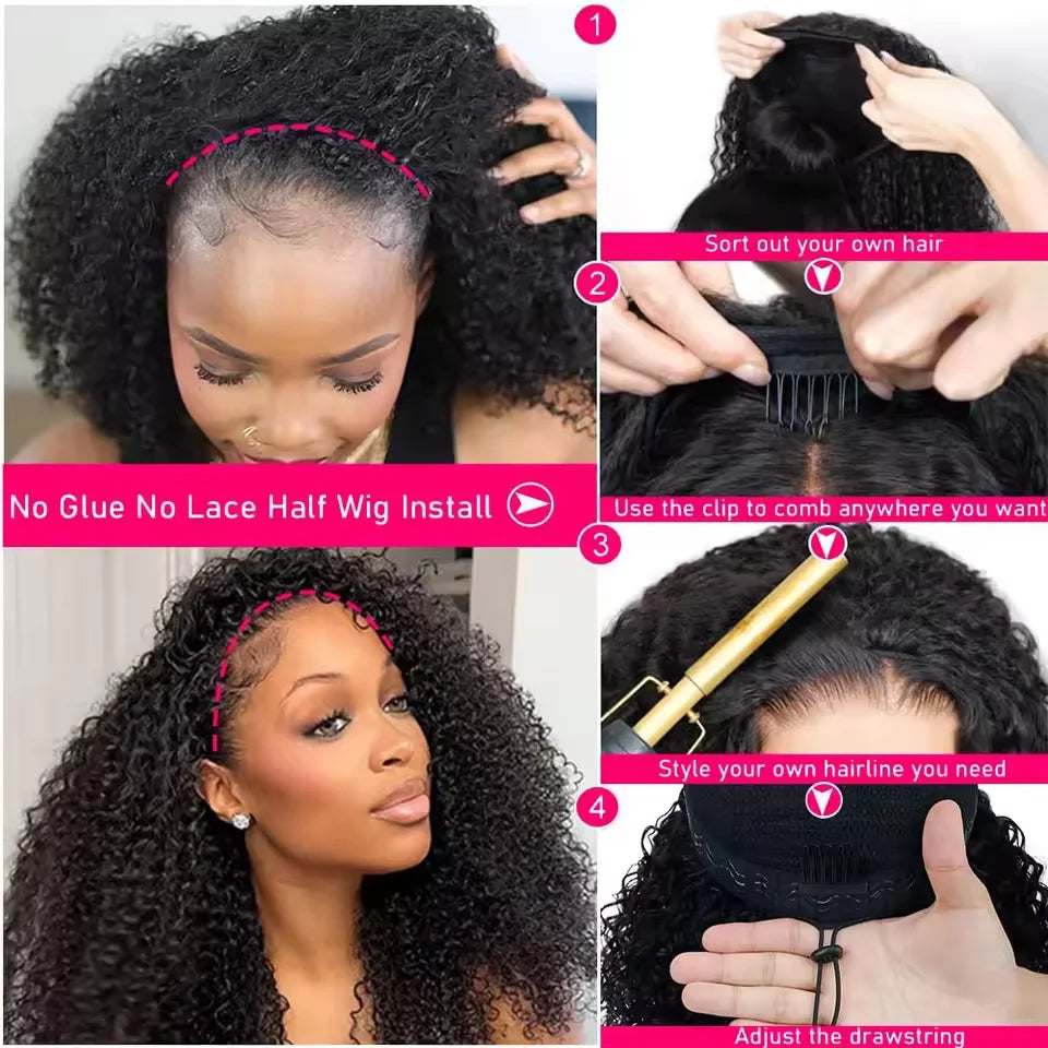 300% Density Burmese Curly Human Hair Wigs For Women Brazilian No Glue Kinky Culry 3 IN 1 Half Wig 100% Human Hair Wigs On Sale