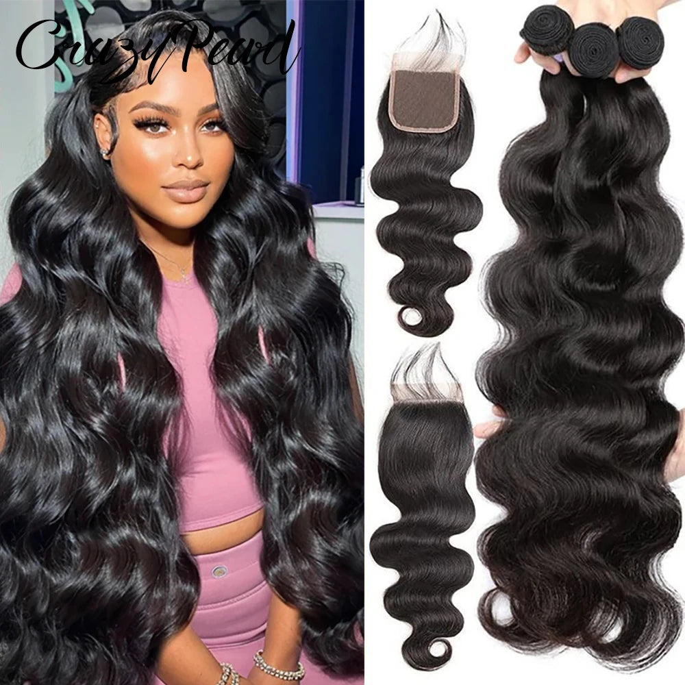 Human Hair Bundles with Closure Body Wave Bundles with Lace Closure Brazilian Human Hair Weave Virgin Hair Weft Natural Color