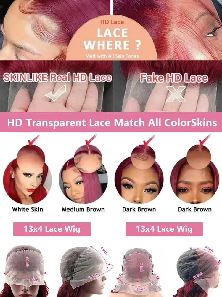 250 Density Human Hair 40 Inch 99J Burgundy Deep Wave 13x4 Lace Frontal Wig Red Wine Water Curly 13x6 HD Lace Front Wigs