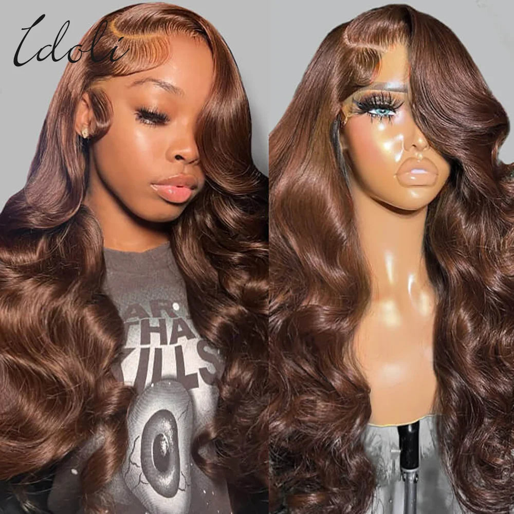 Idoli 13x6 Chocolate Brown Body Wave Lace Front Wig Transparent Lace Frontal Wig Human Hair Preplucked Colored Human Hair Wigs