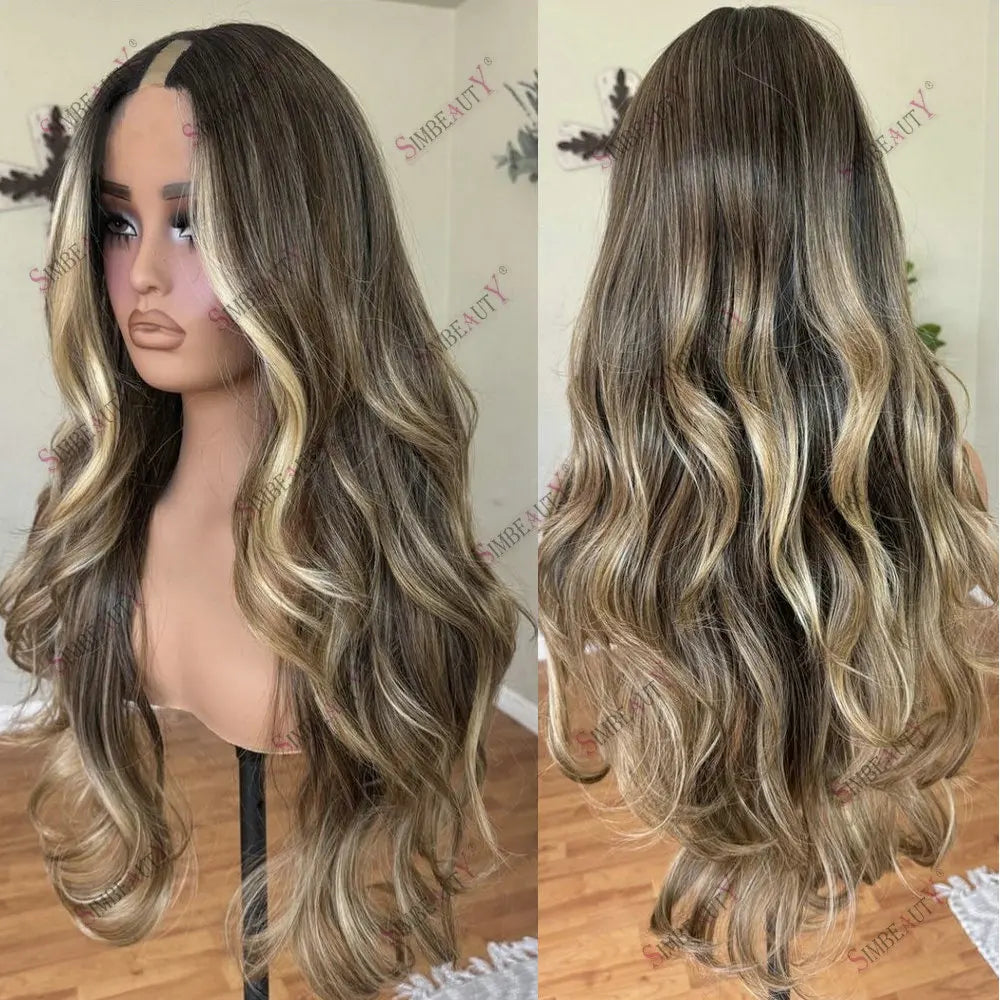 Brown Highlight Blonde U Part Wig Human Hair Adjustable Natural Body Wave 1*4 Size V Part Wig Human Hair Easy Wear for Women